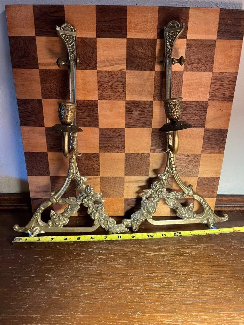 Pair of Ornate Brass Brackets for Holding a Mirror A1175, some missing screws